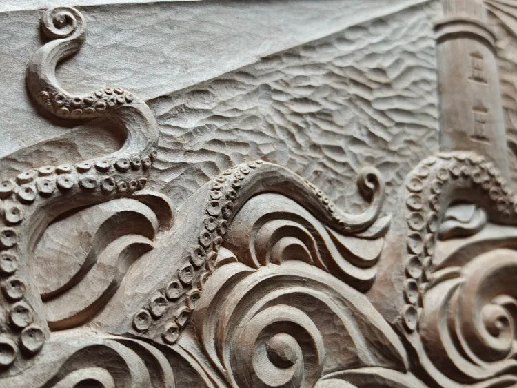 'Creature from the Deep' carved wooden panel