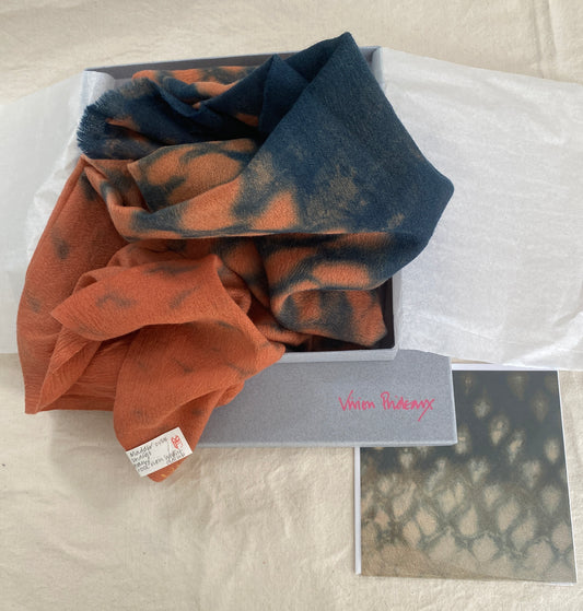 Fine wool Madder + Shibori Indigo scarf