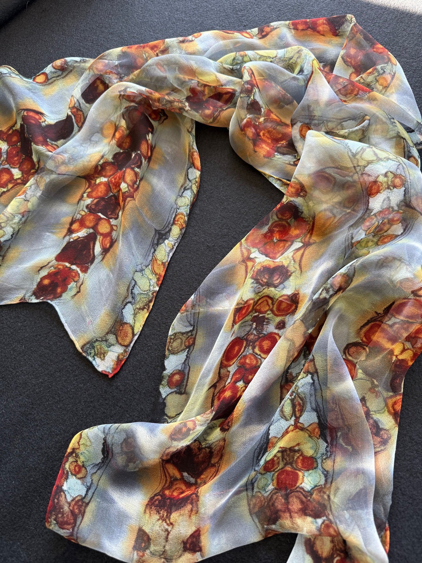 Silk Chiffon Scarf, Rust, Steel Grey & Black