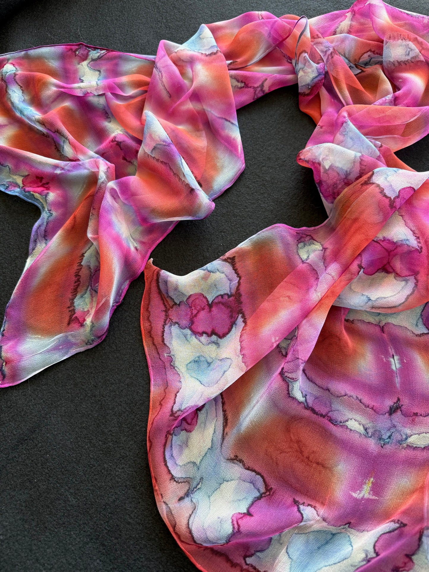 Silk Chiffon Scarf, Rusty red, Steel Grey & Pink