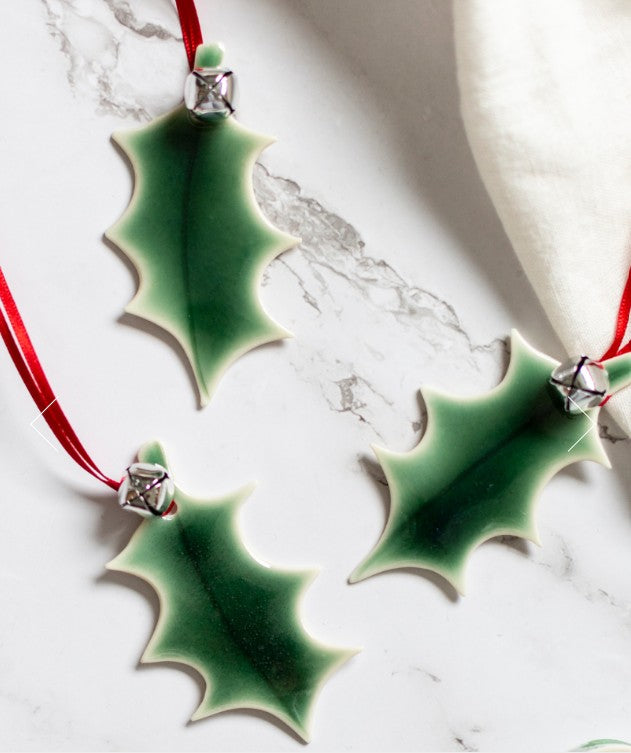 Porcelain Holly Leaf with Bell Decoration