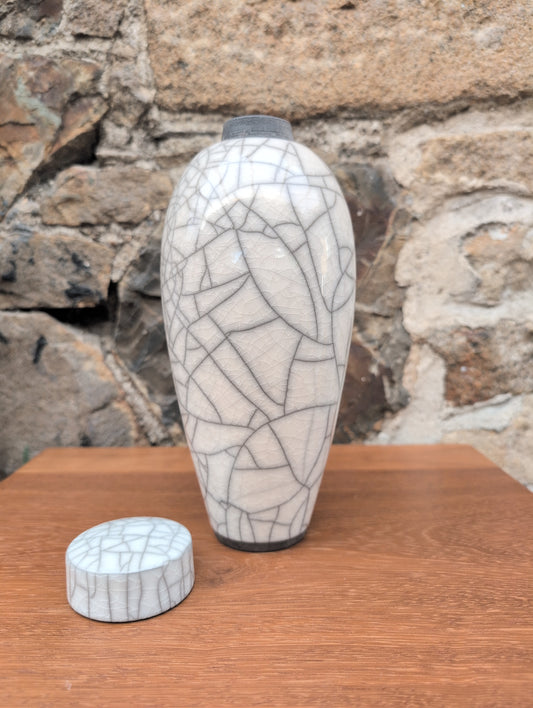 Medium raku lidded white jar