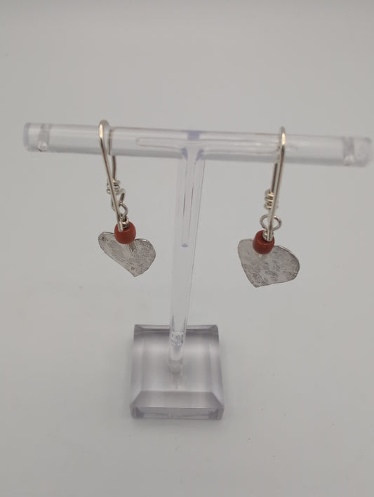 Silver Heart Earrings with Coral Beads