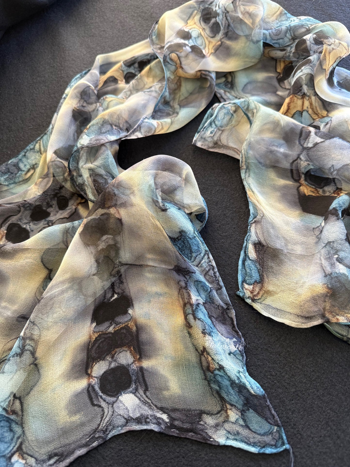 Silk Chiffon Scarf, Steel Grey, Blue and Sand