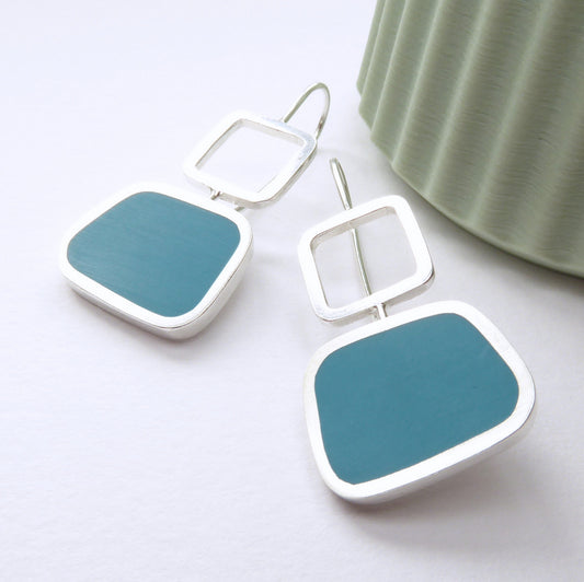 Colourblock Square Drop Earrings in Teal