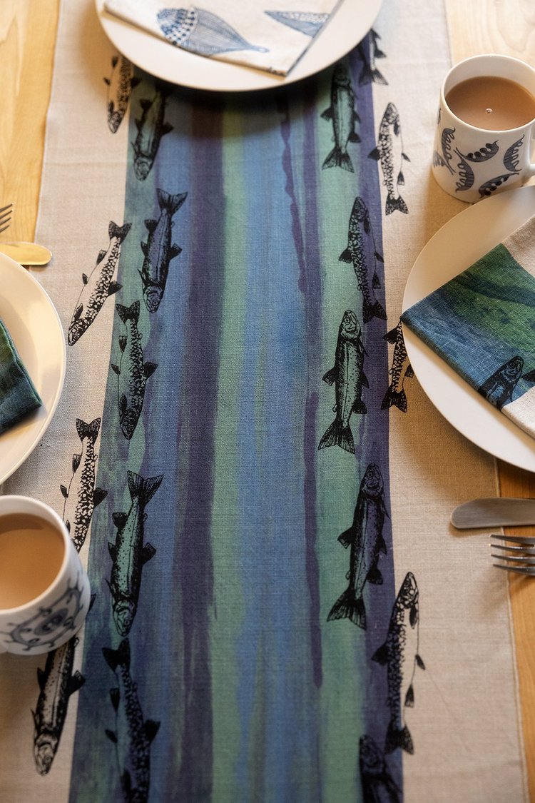 Linen table runner - fish