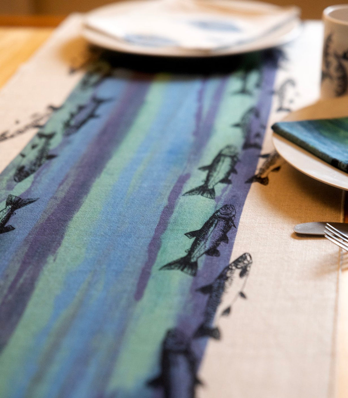 Linen table runner - fish
