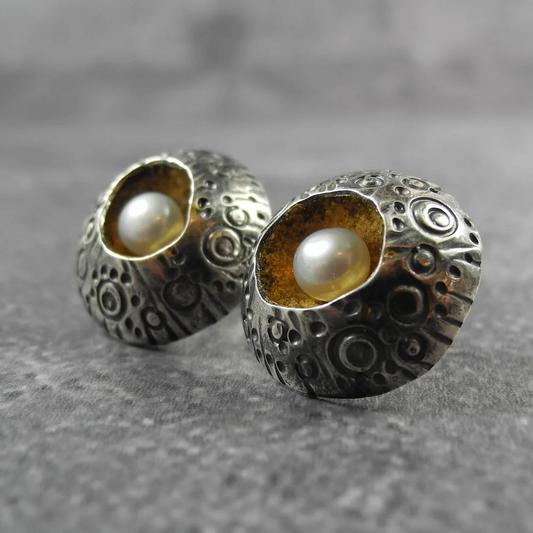 Oxidised silver & pearl echinoderm studs