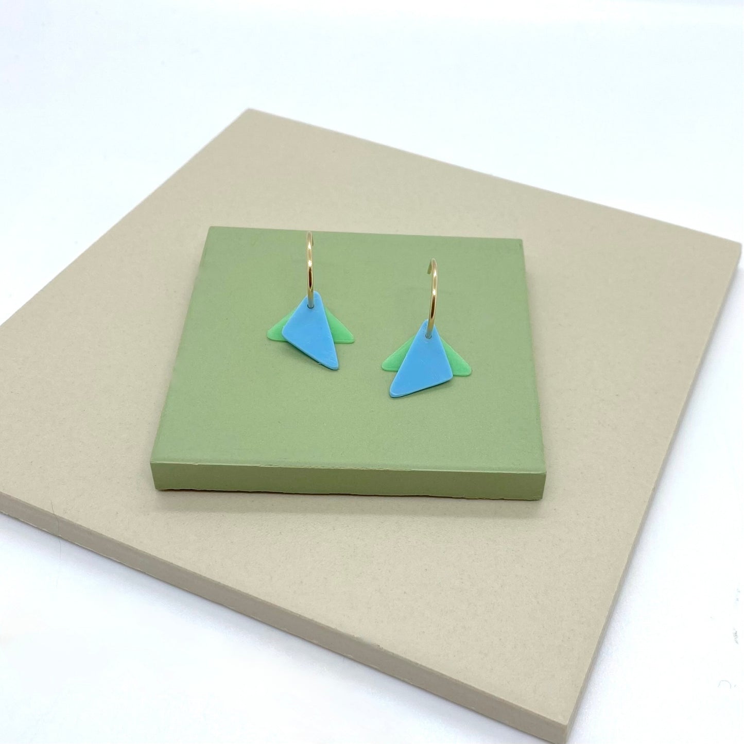 Gold Beach Clean Hoops - with blue and green ocean plastic triangle charms