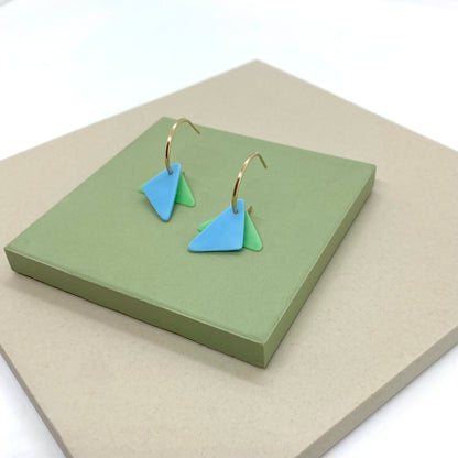 Gold Beach Clean Hoops - with blue and green ocean plastic triangle charms