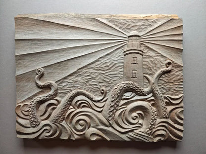 'Creature from the Deep' carved wooden panel