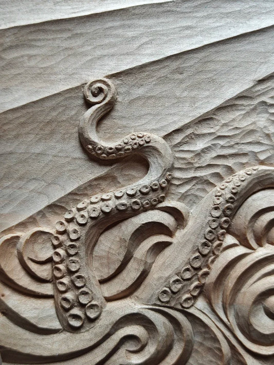 'Creature from the Deep' carved wooden panel