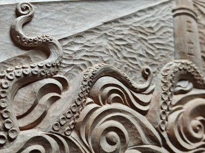 'Creature from the Deep' carved wooden panel