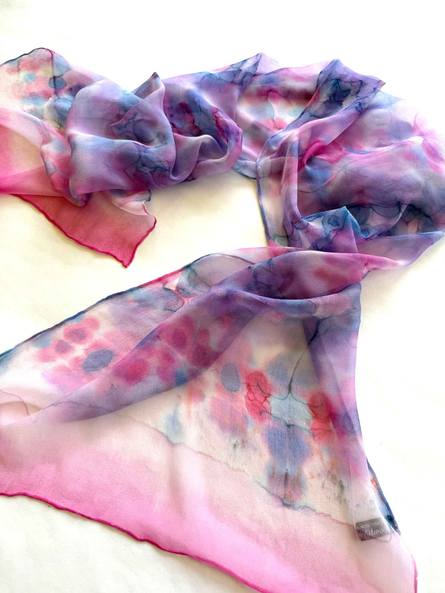 Silk Chiffon Scarf: Shibori Technique. Pink Blue and Lilac.