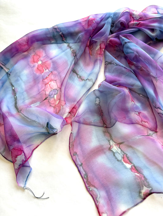 Shibori silk chiffon scarf in fuchsia & blue