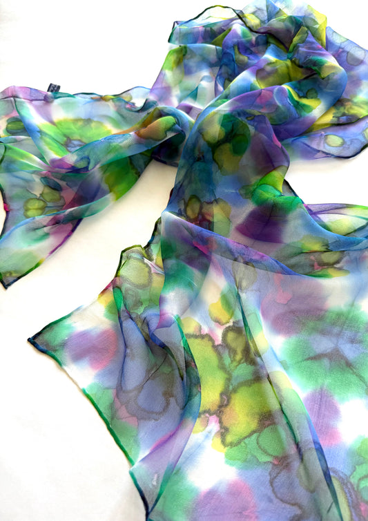 Silk Chiffon Scarf: Shibori Technique, in Turquoise, Fuchsia, Blue, and Green