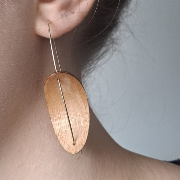 Oval earings - Large.  Birch plywood and unhallmarked silver wire