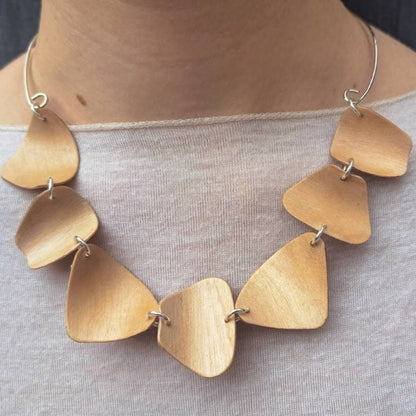 Birch plywood and unhallmarked silver wire chainlink necklace
