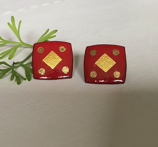 Enamel square studs - red & gold