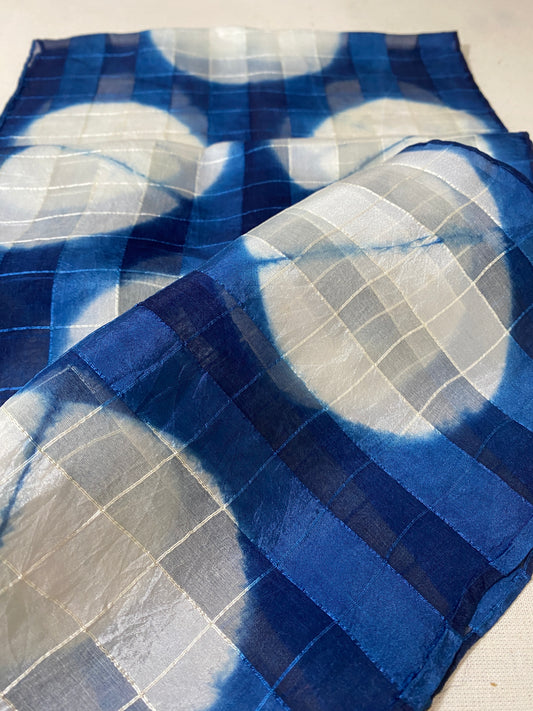 Checked silk Indigo Dyed Scarf