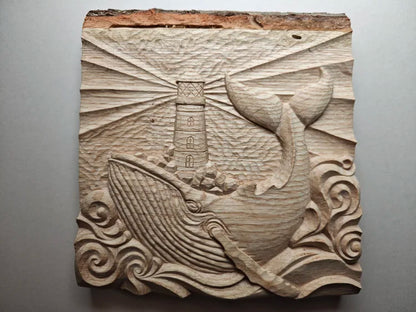 'Whale and Lighthouse' carved wooden panel