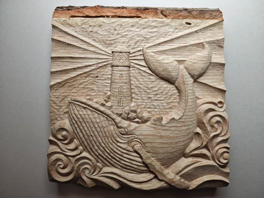 'Whale and Lighthouse' carved wooden panel