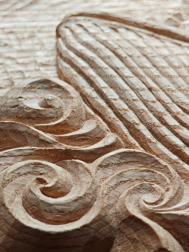 'Whale and Lighthouse' carved wooden panel