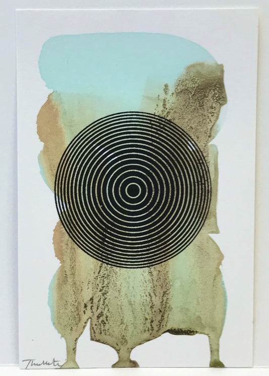 Small Geometric Screen Printed Circle On top of Hand Painted Background (Centre)Of Pale Blue and Grey Tones