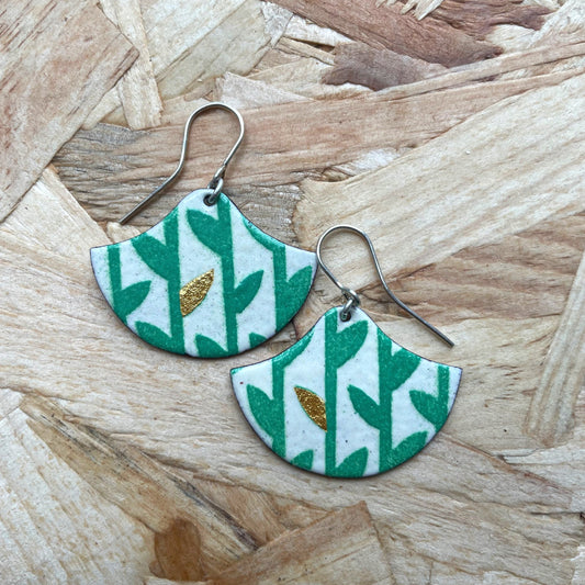 Enamel Earrings - Green, Cream and Gold