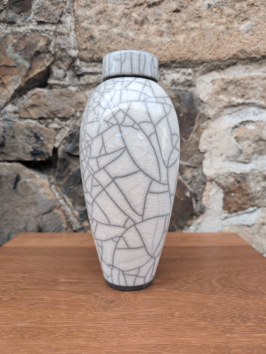 Medium raku lidded white jar