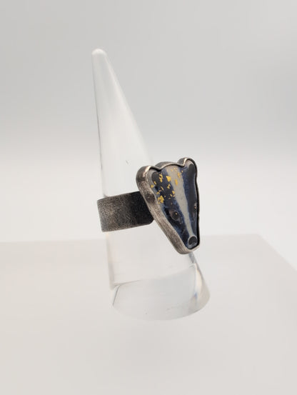 Enamel badger ring with emerald
