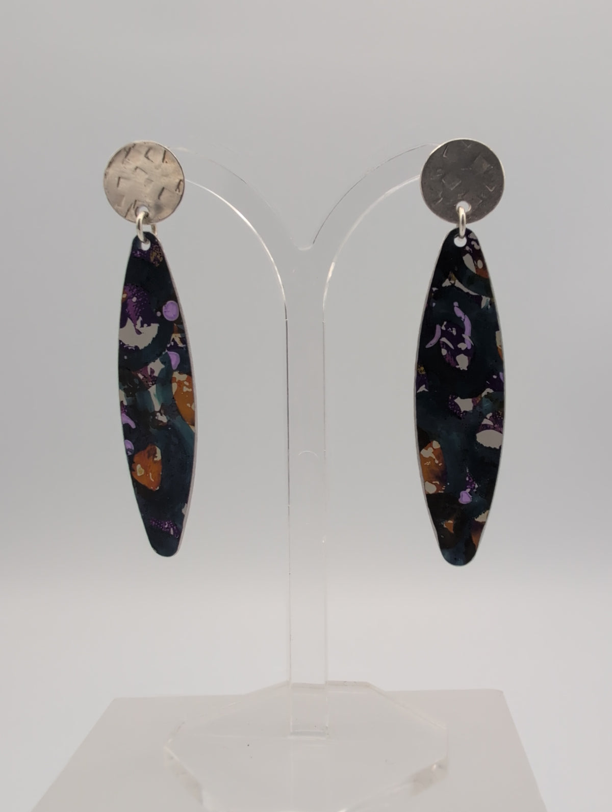 Printed aluminium feather drop silver studs