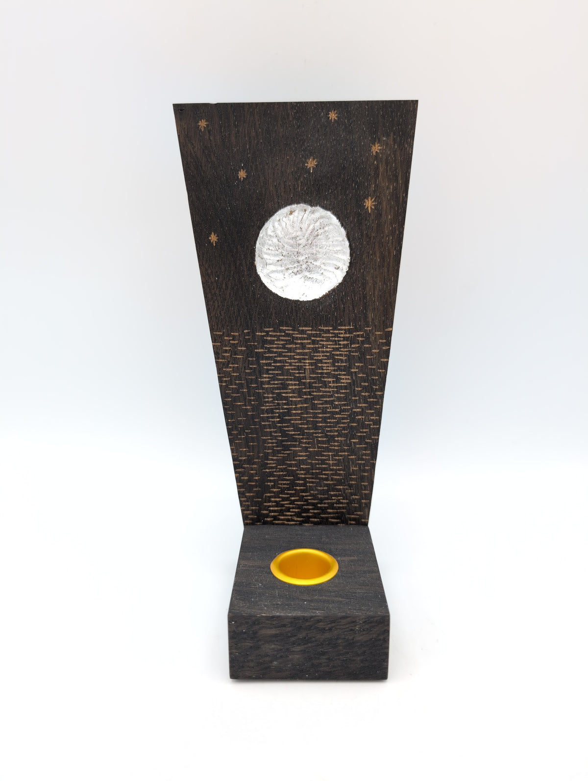 Oak candle holder with silver moon