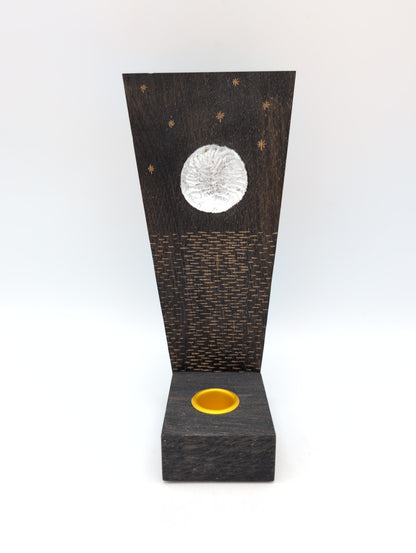 Oak candle holder with silver moon