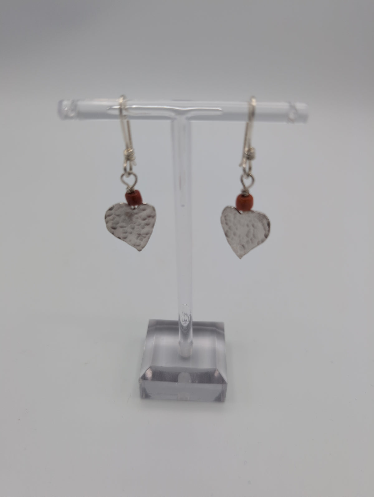 Silver Heart Earrings with Coral Beads