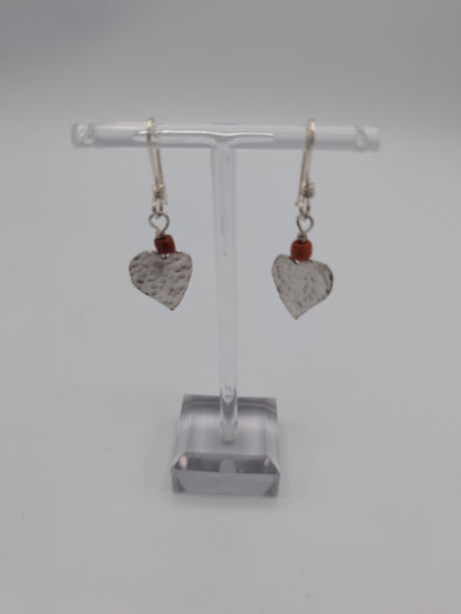 Silver Heart Earrings with Coral Beads