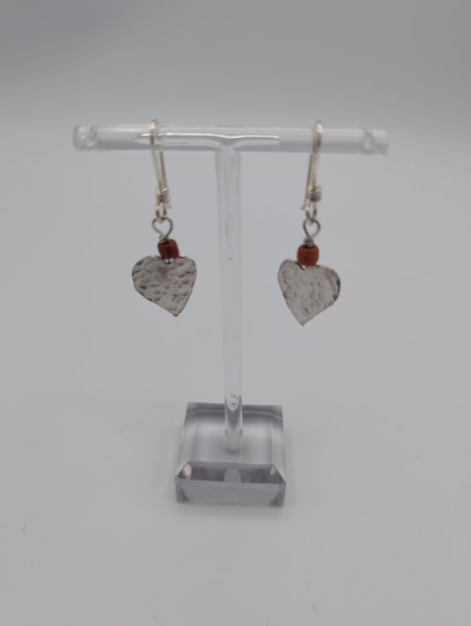 Silver Heart Earrings with Coral Beads