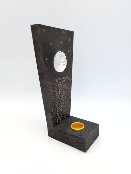 Oak candle holder with silver moon