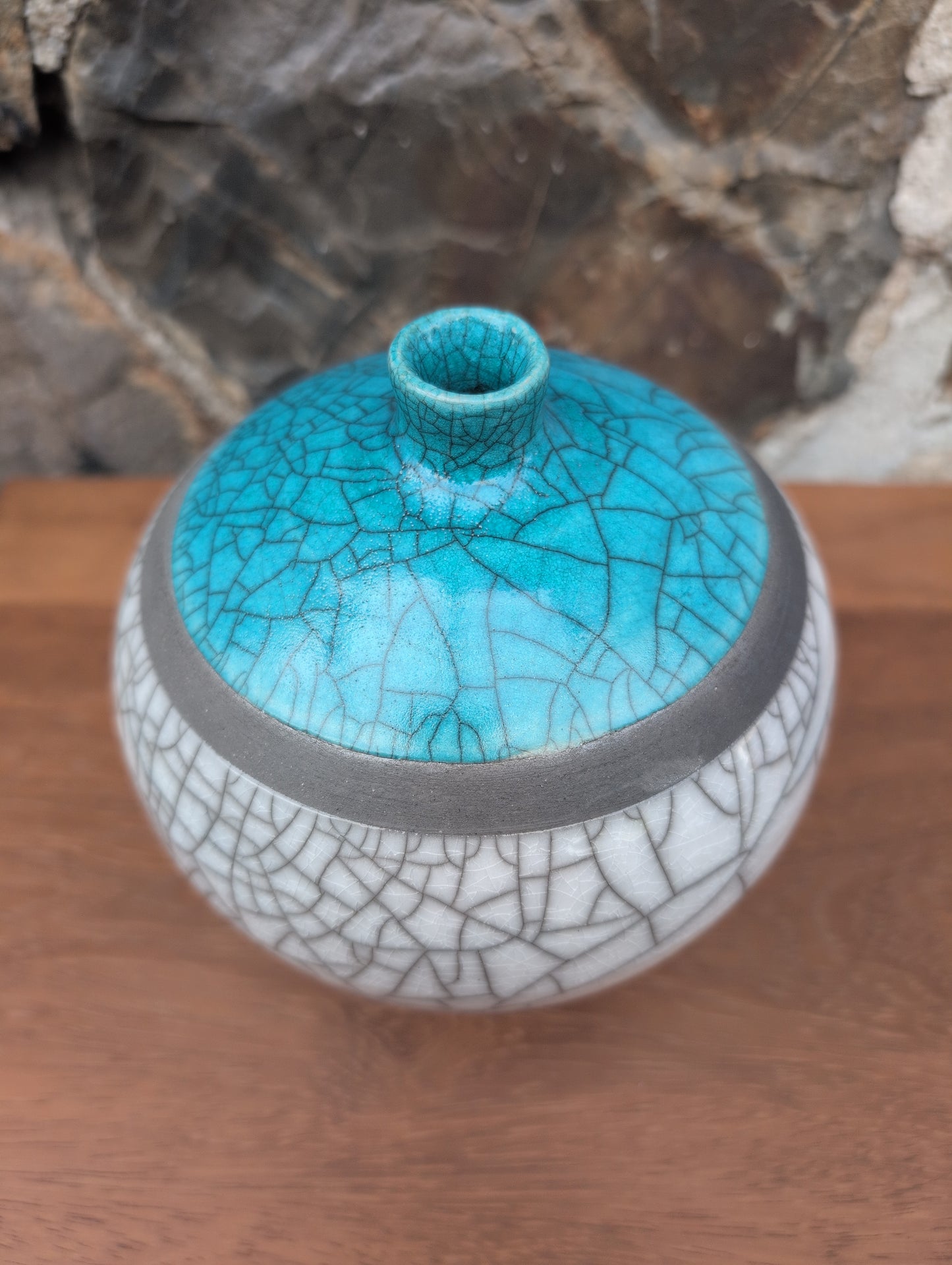 Medium raku white turquoise vase