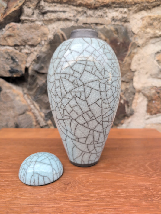 Raku light turquoise lidded jar