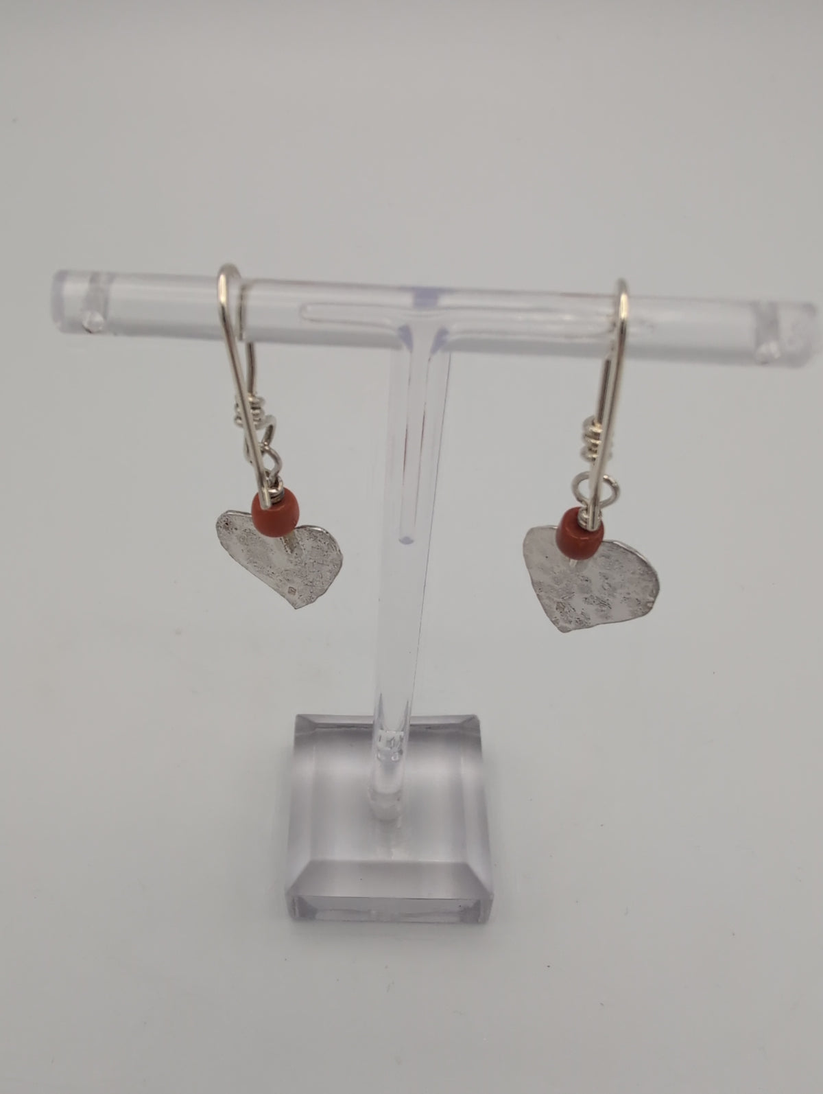 Silver Heart Earrings with Coral Beads