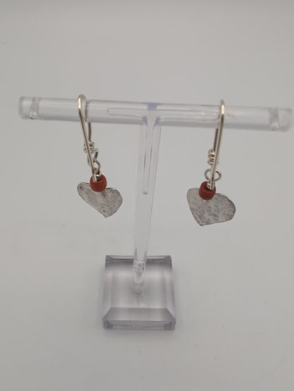 Silver Heart Earrings with Coral Beads