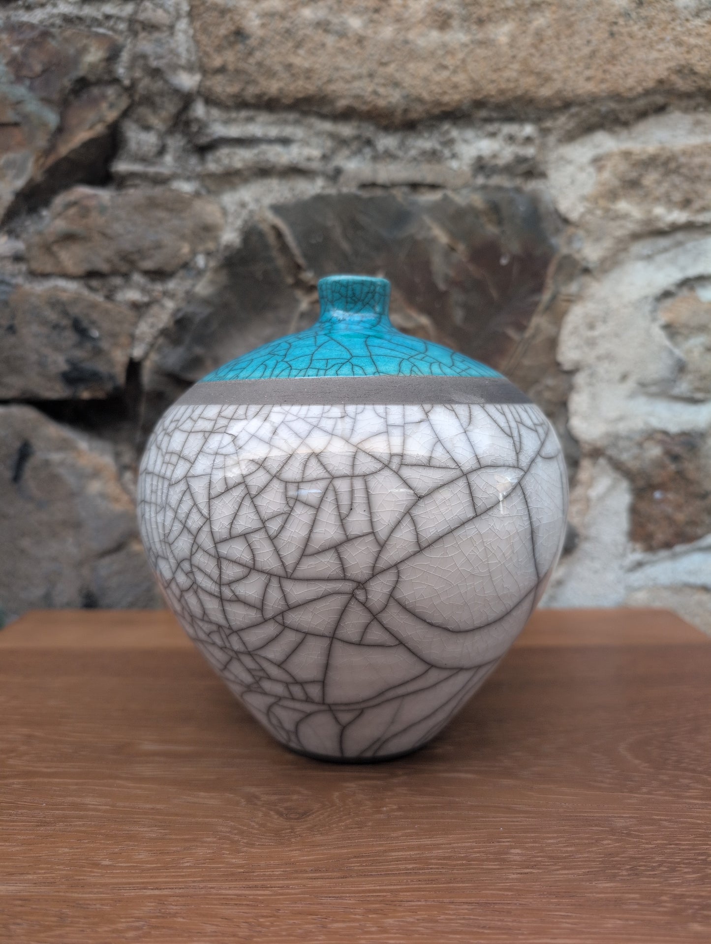 Medium raku white turquoise vase