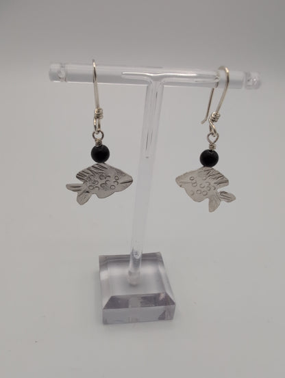 Fish Earrings with Black Onyx Bead